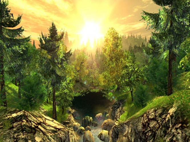 forest, pond, water lilies, grass, waterfall, nature, trees, wood