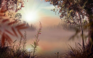 lake, rising, morning, nature, landscape, ducks, fog, mist, calm, boat