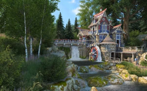 summer, watermill, water, nature, river, trees