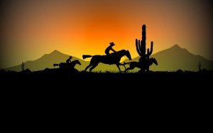 cowboys, wild west, usa, animation, horses, cacti, wind, sunset