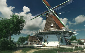 village, river, windmill, nature, summer, dutch