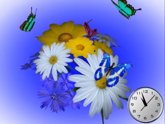 цветы, букет, времена года, время года, лето, трёхмерный, природа, бабочки, бабочка, часы, время
