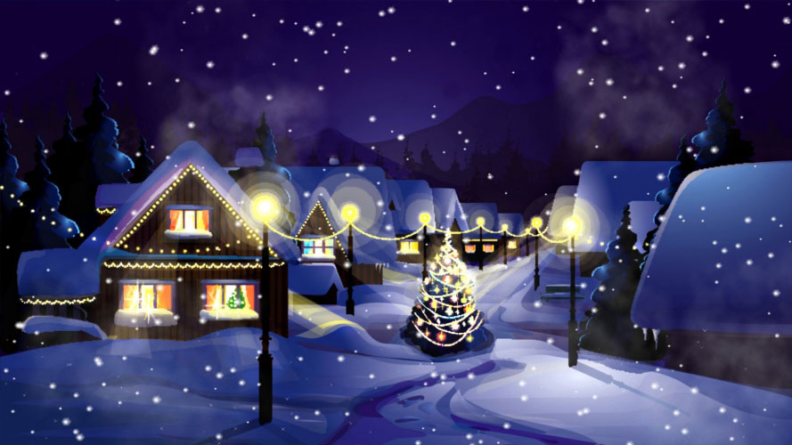 christmas, xmas, new year, christmas tree, village, snow, winter, lanscape, evening