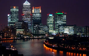 city, building, night view, night, lights, city lights, river, architecture, skyscraper, canary wharf, office building complex, district, london borough of tower hamlets, docklands, harbour area, london