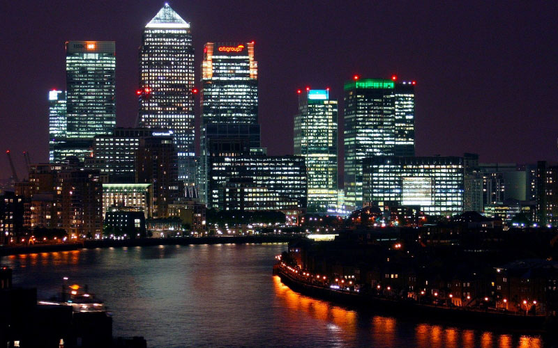 city, building, night view, night, lights, city lights, river, architecture, skyscraper, canary wharf, office building complex, district, london borough of tower hamlets, docklands, harbour area, london