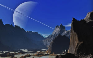 saturn, landscape, mountains, mountainous, gorge, brackish water, pools of water, water puddles, water, hagbard, brecca, ring planet, sky, azure, blue, azur, astronaut, astronautics, space travel, science fiction, forward, settlement, pair, two, karg