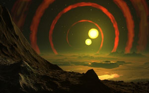 space, double sun, landscape, sky, science fiction, planet, astronomy, universe, space travel, back light, mountains, sun, rock, sunset, sunrise, horizon, astronautics