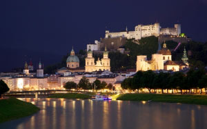 city, old town, salzburg, salzach, river, austria, night