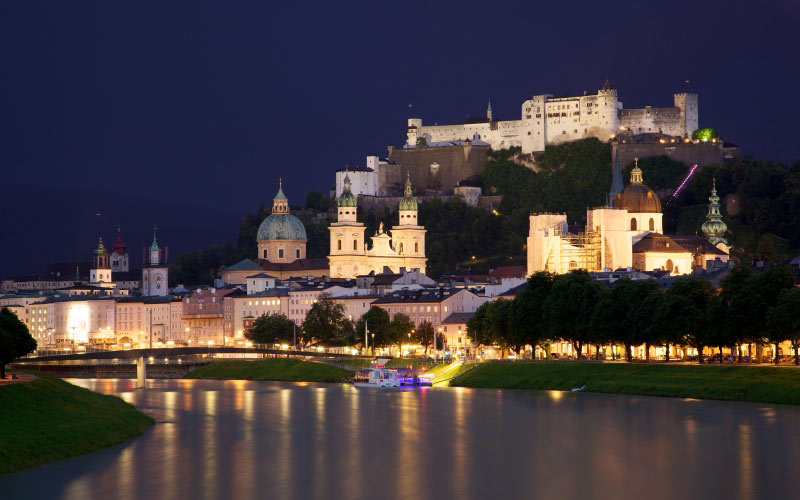 city, old town, salzburg, salzach, river, austria, night