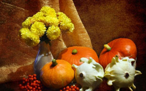vase, still life, vegetables, mountain ash, pumpkin, chrysanthemum, flowers