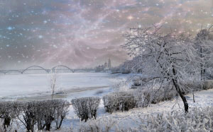 city, trees, winter, frost, landscape, nature, river, snow