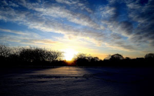 sunrise, snow, winter, seasons, trees, clouds, nature, landscape, blue sky