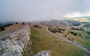 fog, mountains, road, landscape, rock