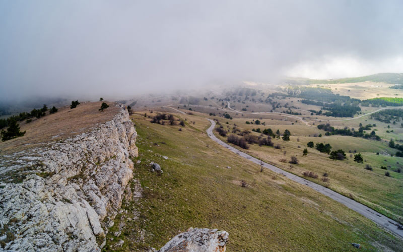 fog, mountains, road, landscape, rock