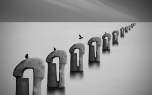 sea of fog, fog, ocean, sea, pier, abstract, birds, fantasy, water, black and white