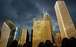 chicago, city, sunrise, storm, skyscraper, architecture, clouds, usa