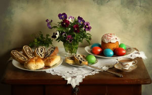 cakes, still life, card, easter, easter still life, celebration, rolls, photo still life, flowers