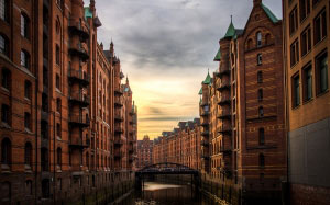 river, buildings, storehouse-town, sunset, sunrise, clouds, architecture, city, urban, travel, water, bridge, europe, hamburg
