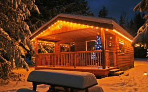 enlighted, illuminated, cabin, building, winter, snow, cold, romantic, night scene, christmas, season, trees, lights, holiday, canim lake, british columbia, canada