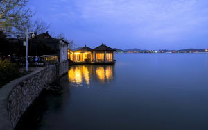 catering, lake, light, evening, water