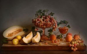 grapes, lemons, still life, still life with fruit, autumn, peaches, fruit