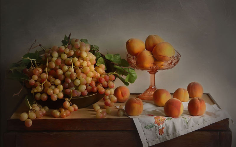 grapes, still life, autumn, peaches