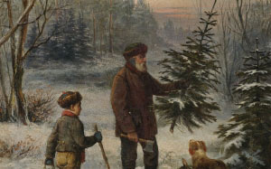 Franz Kruger, father and son, dog, christmas tree, forest, painting, Christmas, New Year, winter