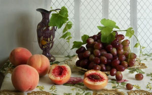 grapes, still life, peaches, dishes, fruit