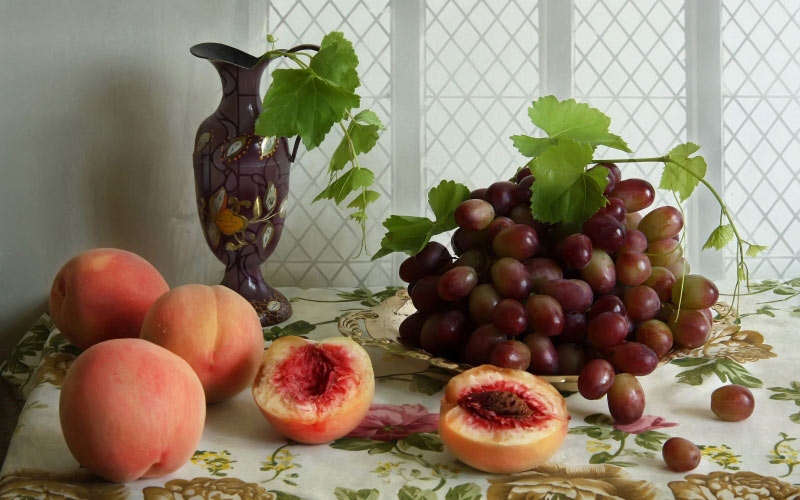 grapes, still life, peaches, dishes, fruit