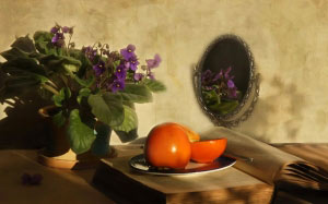 still life, violet, fruits, persimmons, flowers