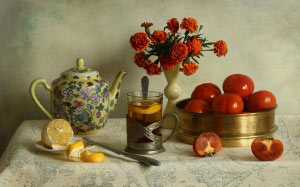lemon, still life, October, autumn, fruits, persimmons, flowers