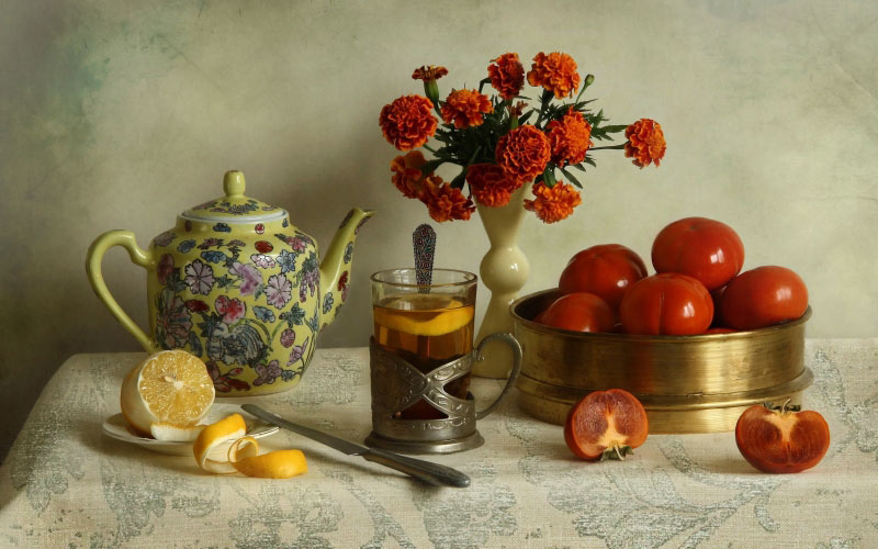 lemon, still life, October, autumn, fruits, persimmons, flowers
