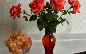 grapes, still life, autumn, dishes, roses, flowers