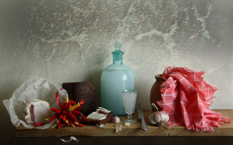 food, cooking, kitchen, still life, pepper, bacon, home brew, bread, garlic