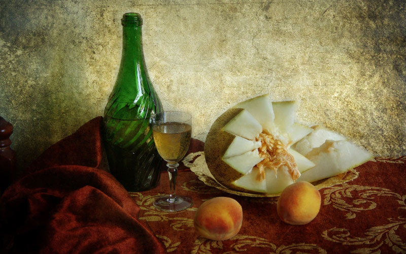 melon, summer, still life, peaches, dishes, fruit