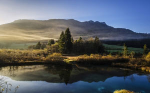 landscape, nature, mountains, pond, water, fog