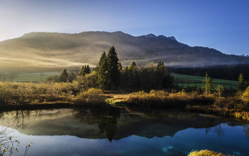 landscape, nature, mountains, pond, water, fog
