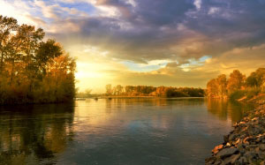 autumn, landscape, nature, september, river, forest, clouds, sky, sunset, evening, sun