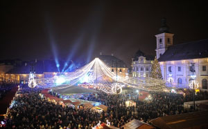 Christmas, Xmas, holidays, New Year, City, cities, winter, evening, Sibiu, market, Romania