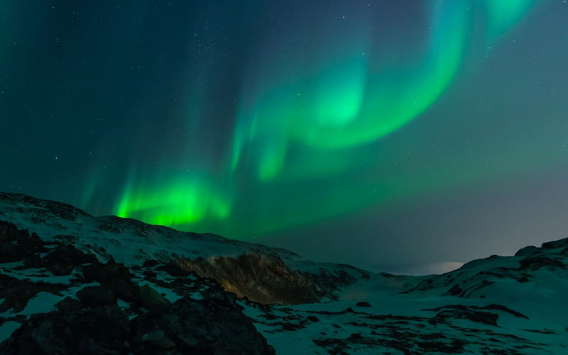 landscape, mountains, sky, evening, night, nature, snow, northern lights, north