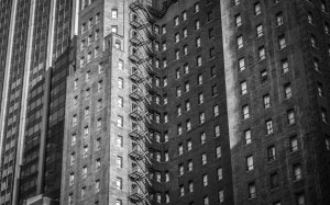multi-storey building, skyscraper, city, architecture, black and white, stairs