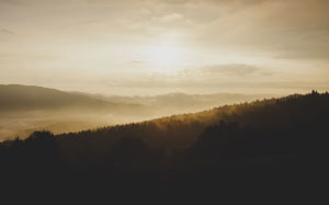mountain, forest, sun, clouds, sky, landscape, nature