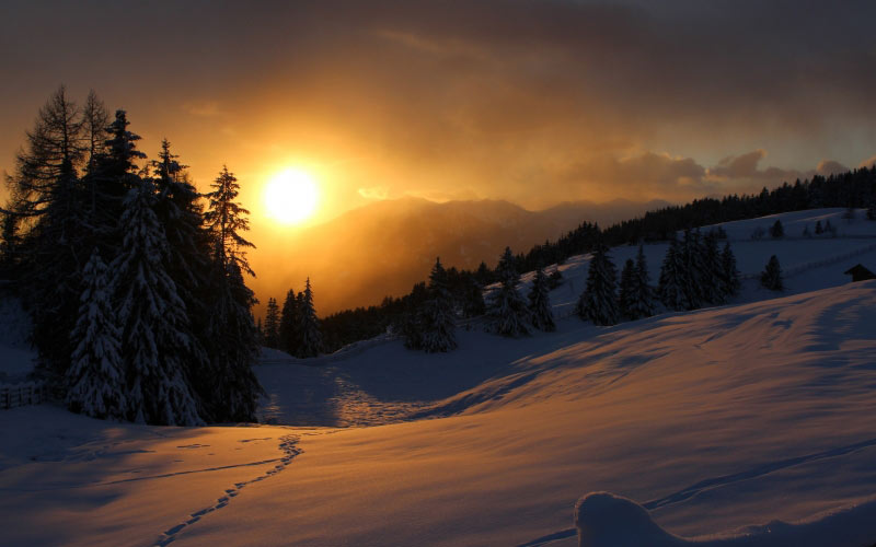 mountains, wintry, landscape, snowy, nature, forest, sunrise, winter, sun