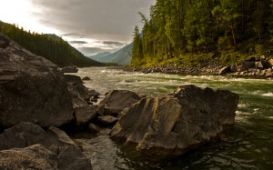 mountain river, stream, landscape, nature, clouds, mountain, forest, rocks, stones