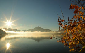 landscape, lake, nature, bank, water, trees, mountains, natural, sunrise, sky, evening, autumn, october, fall color, leaf, color