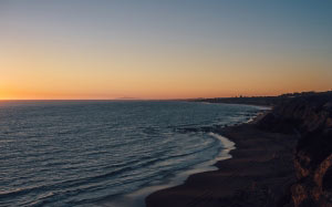 beach, sand, sunset, dusk, sky, ocean, sea, shore, water, coast, landscape, nature, travel, vacation, trip, rock