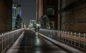 hamburg, night, speicherstadt, harbour city, bridges, light, architecture