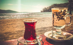 sea, beach, cups, water, ocean, drink, glass, tea, beverage, close-up, vacation, relax