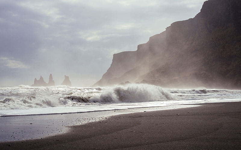 waves, shore, ocean, beach, sea, windy, mountains, cliffs, water, clouds, sunshine, sand