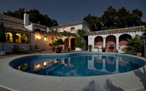 spain, architecture, hotel, leisure, luxury, patio, pool, resort, travel, vacation, villa, night, evening